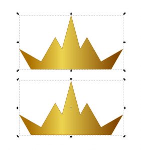 "Transform" handles around a crown. Top image shows "resize." Bottom image shows "rotate" and "skew."